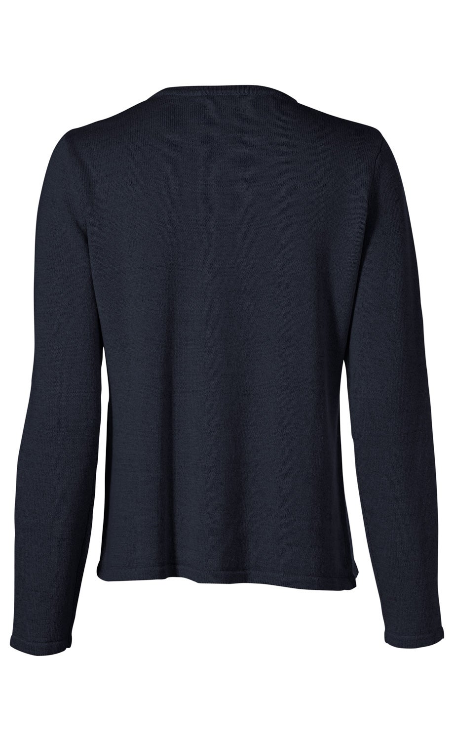 dunkelblaue Leinen-Mix-Strickjacke mit langem Arm, Rückansicht, schlichtes Design, leicht tailliert, mit Rundhalsausschnitt, ohne Muster oder Verzierungen, legere Passform