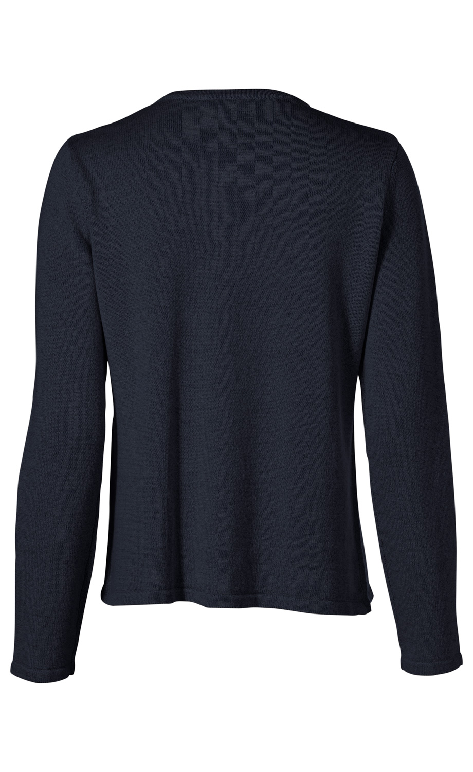 dunkelblaue Leinen-Mix-Strickjacke mit langem Arm, Rückansicht, schlichtes Design, leicht tailliert, mit Rundhalsausschnitt, ohne Muster oder Verzierungen, legere Passform