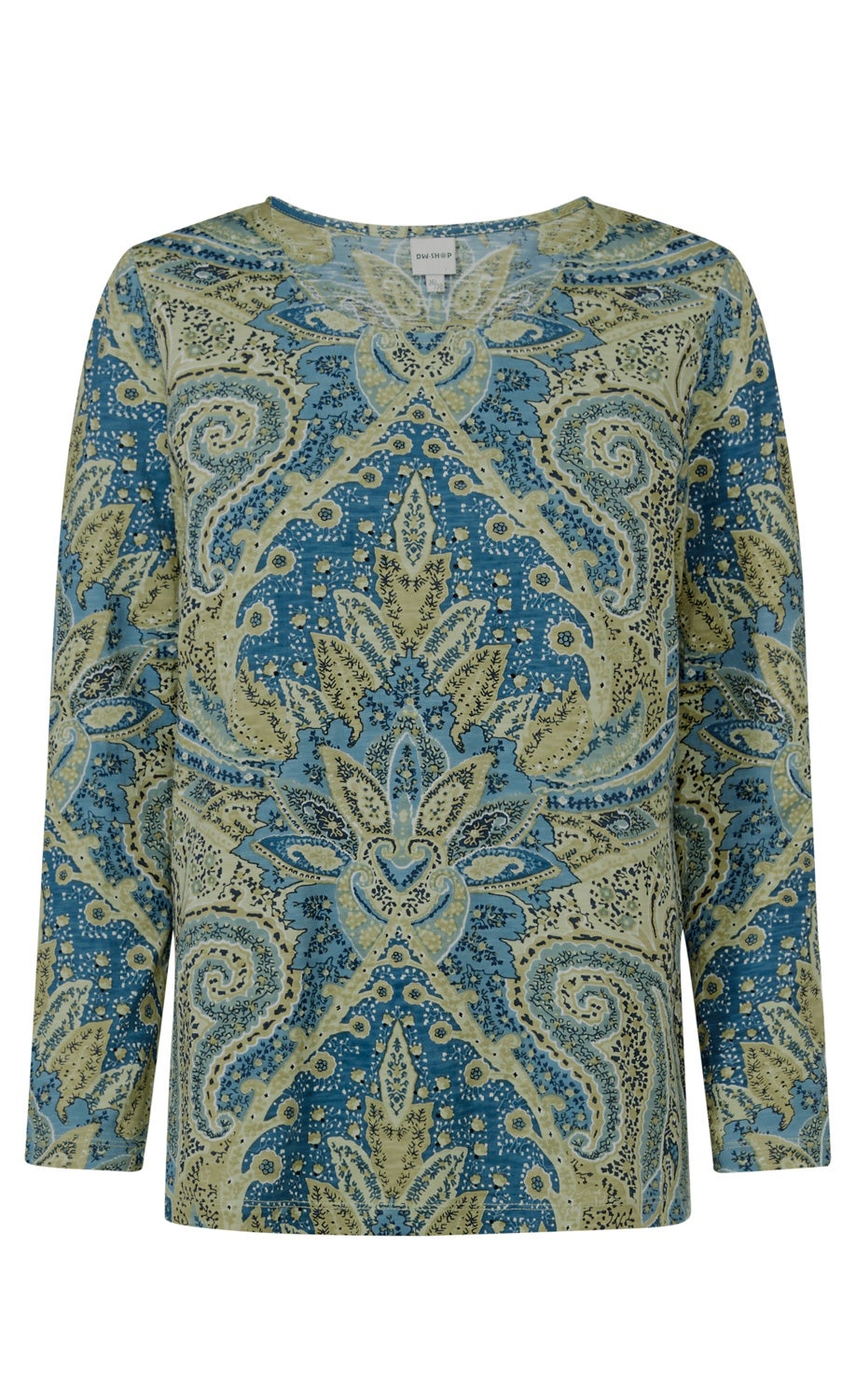 Baumwoll-Shirt mit langem Arm, V-Ausschnitt, blau-beigem Paisley-Muster mit floralen und ornamentalen Details, gerade Passform, weicher Stoff, für Damen.