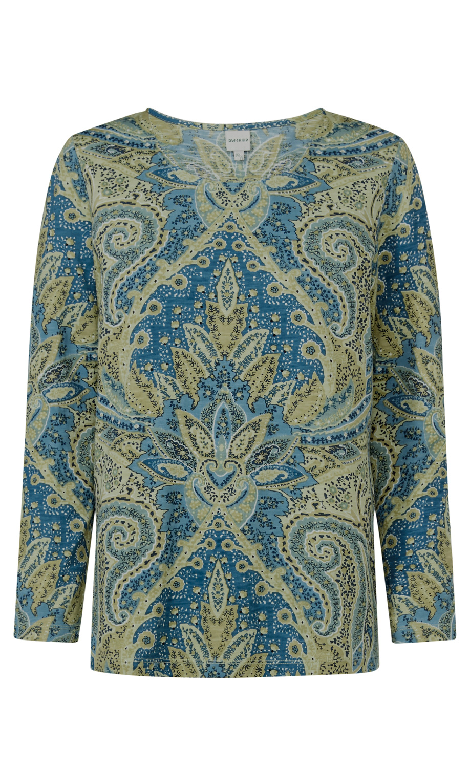 Baumwoll-Shirt mit langem Arm, V-Ausschnitt, blau-beigem Paisley-Muster mit floralen und ornamentalen Details, gerade Passform, weicher Stoff, für Damen.