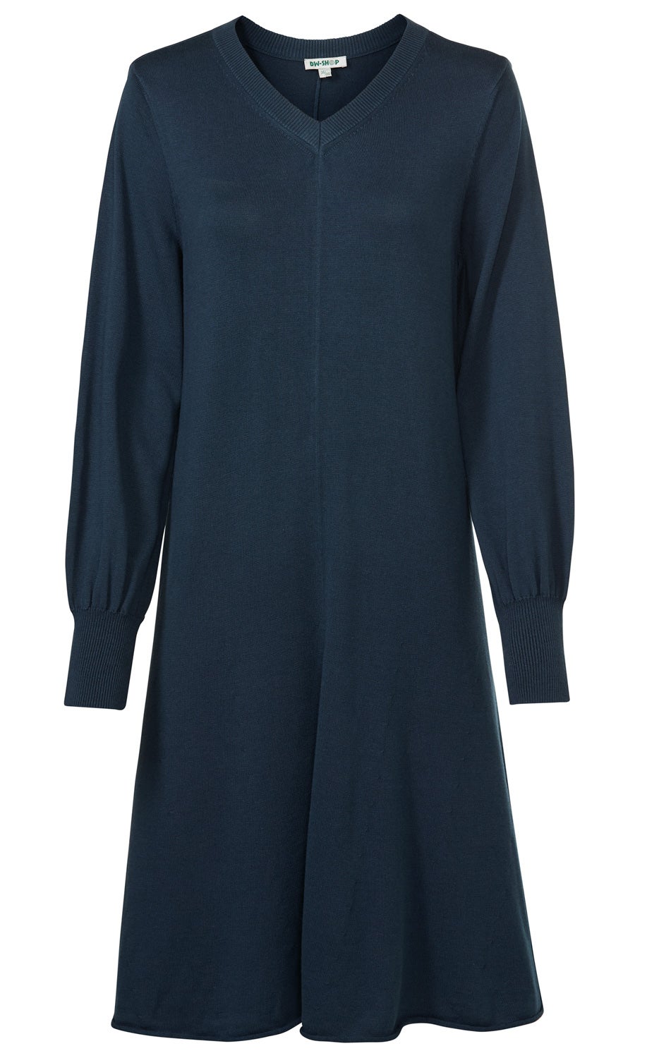 Baumwoll-Mix-Kleid in Dunkelblau, langärmlig, V-Ausschnitt, leicht ausgestellter Schnitt, gerippte Bündchen an den Ärmeln, schlichte und elegante Optik