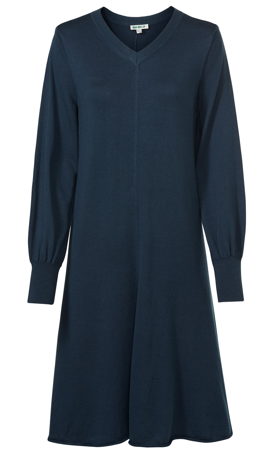 Baumwoll-Mix-Kleid in Dunkelblau, langärmlig, V-Ausschnitt, leicht ausgestellter Schnitt, gerippte Bündchen an den Ärmeln, schlichte und elegante Optik