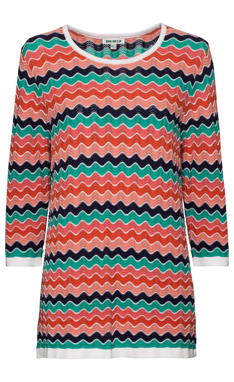 Baumwoll-Mix-Pullover mit Rundhalsausschnitt und 3/4-Ärmeln, bunt gestreift in Wellenmuster mit Farben Orange, Grün, Dunkelblau, Rosa, weiße Bündchen an Ärmeln und Saum, leicht durchbrochenes Strickdesign