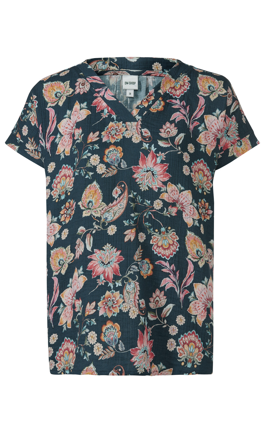 Baumwoll-Bluse mit V-Ausschnitt und kurzen Ärmeln, dunkelblau mit floralen Mustern in rosa, orange und hellblau, lockere Passform, leichte Textur sichtbar, Größe 38, DW-Shop Label innen am Kragen