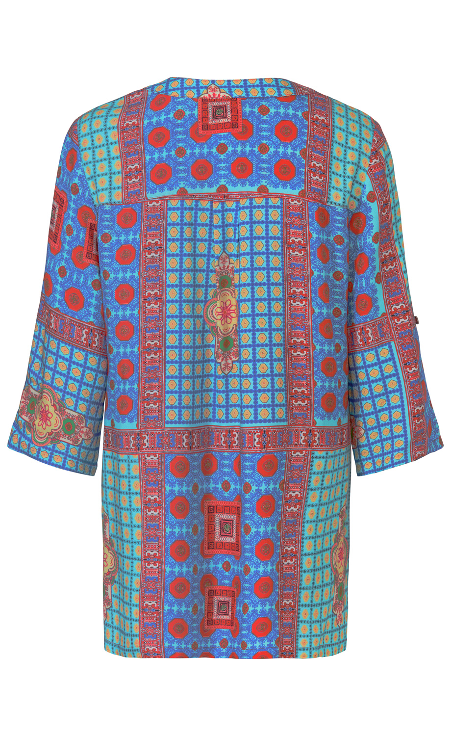 Viskose-Tunika mit 3/4-Ärmeln, Rückansicht, gemustert mit blauem Grund, roten, gelben und grünen geometrischen und floralen Motiven, lockerer Schnitt, leicht glänzender Stoff