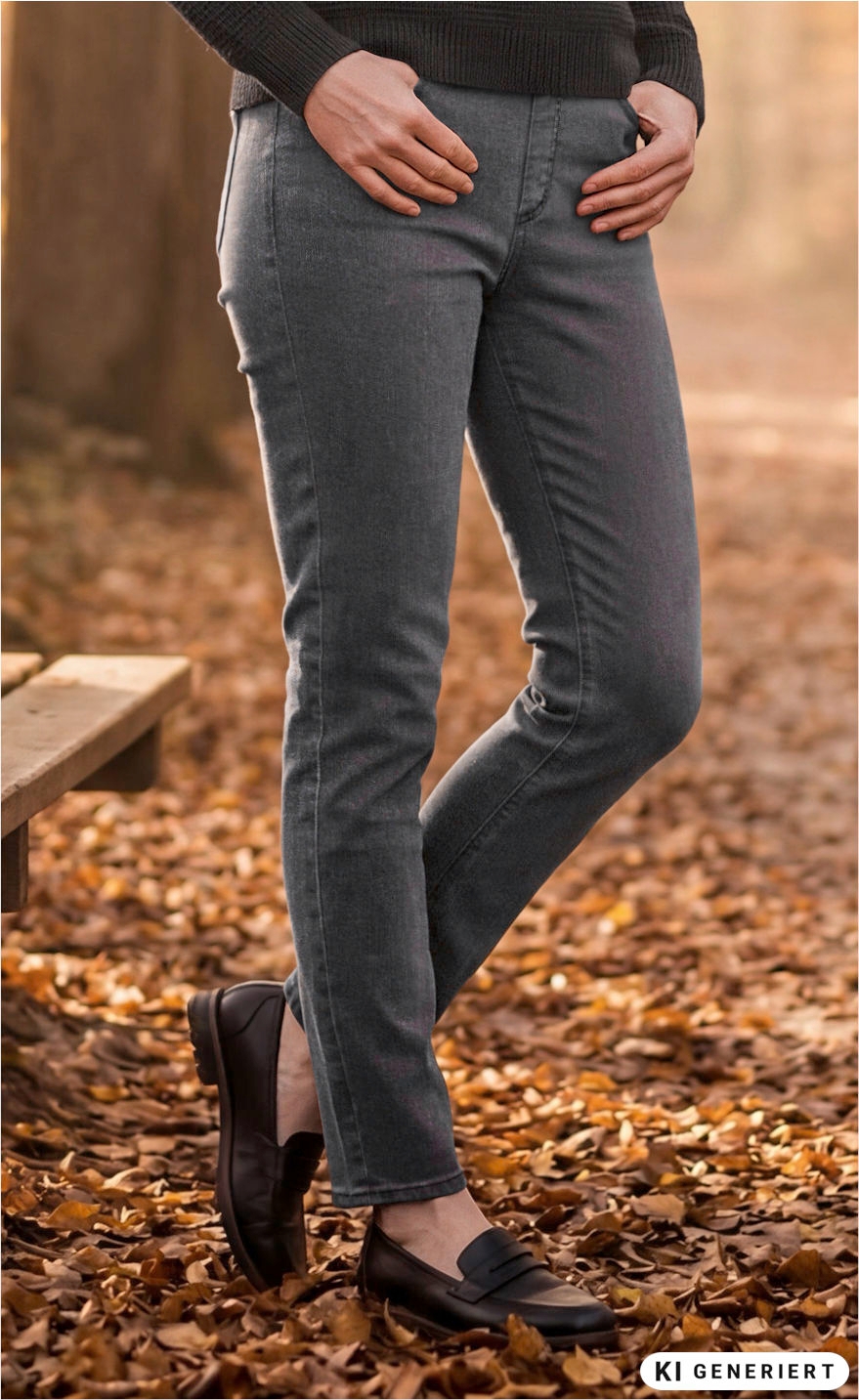 männliche Person trägt graue Baumwoll-Mix-Hose und schwarze Loafers, steht auf herbstlichem mit braunen Blättern bedecktem Boden neben einer Holzbank, Hände in Hüfthöhe an Hose gelegt, dunkler Pullover angeschnitten sichtbar