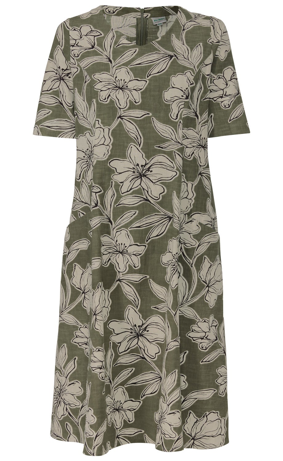 grünes Baumwoll-Kleid mit kurzen Ärmeln, Blumendruck in Beige und Schwarz, leichter A-Linien-Schnitt, Rundhalsausschnitt mit kleinem Ausschnitt, verdeckter Reißverschluss hinten, zwei seitliche Eingrifftaschen