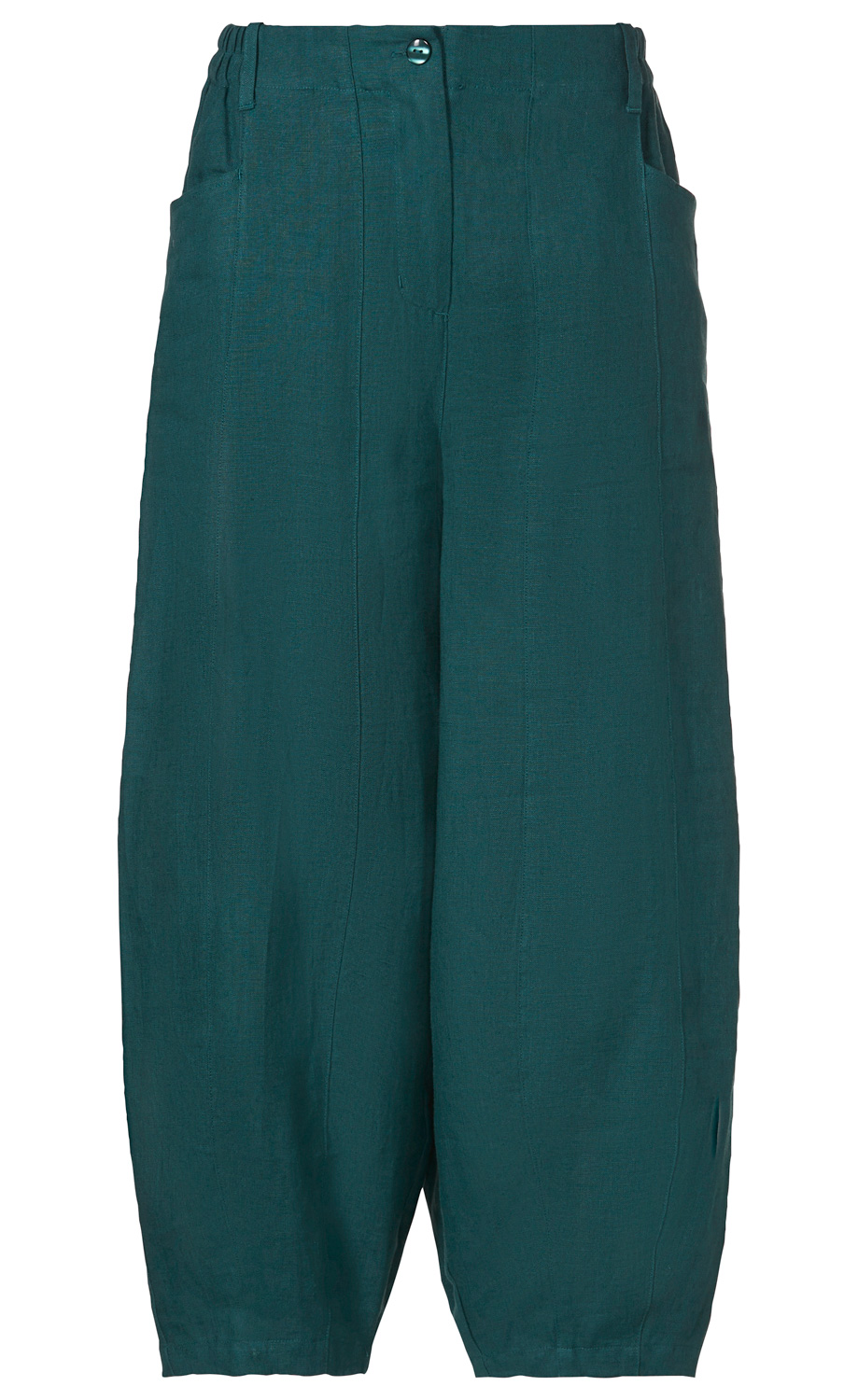 grüne Leinenhose mit weitem Bein, hoher Taille, seitlichen Taschen, Knopf- und Reißverschluss vorne, elastischer Bund hinten, leicht gekräuselter Saumabschluss