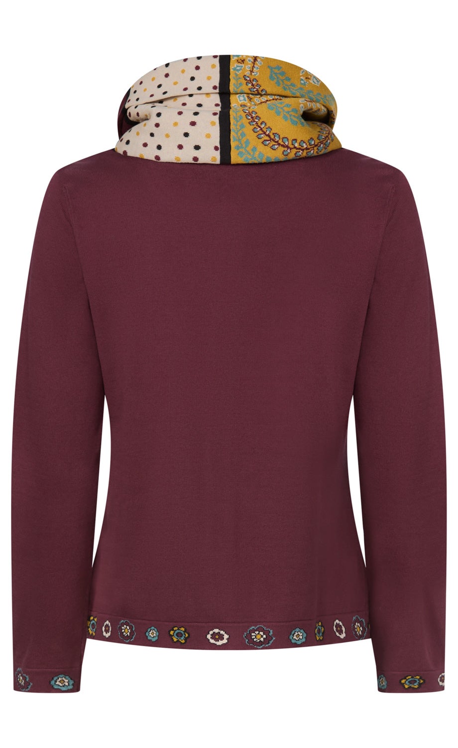 Damenpullover in Dunkelrot mit langem Arm, gemustertem Kragen in Gelb und Beige mit Punkten und floralen Mustern, sowie Blumenstickereien am Saum und an den Ärmeln