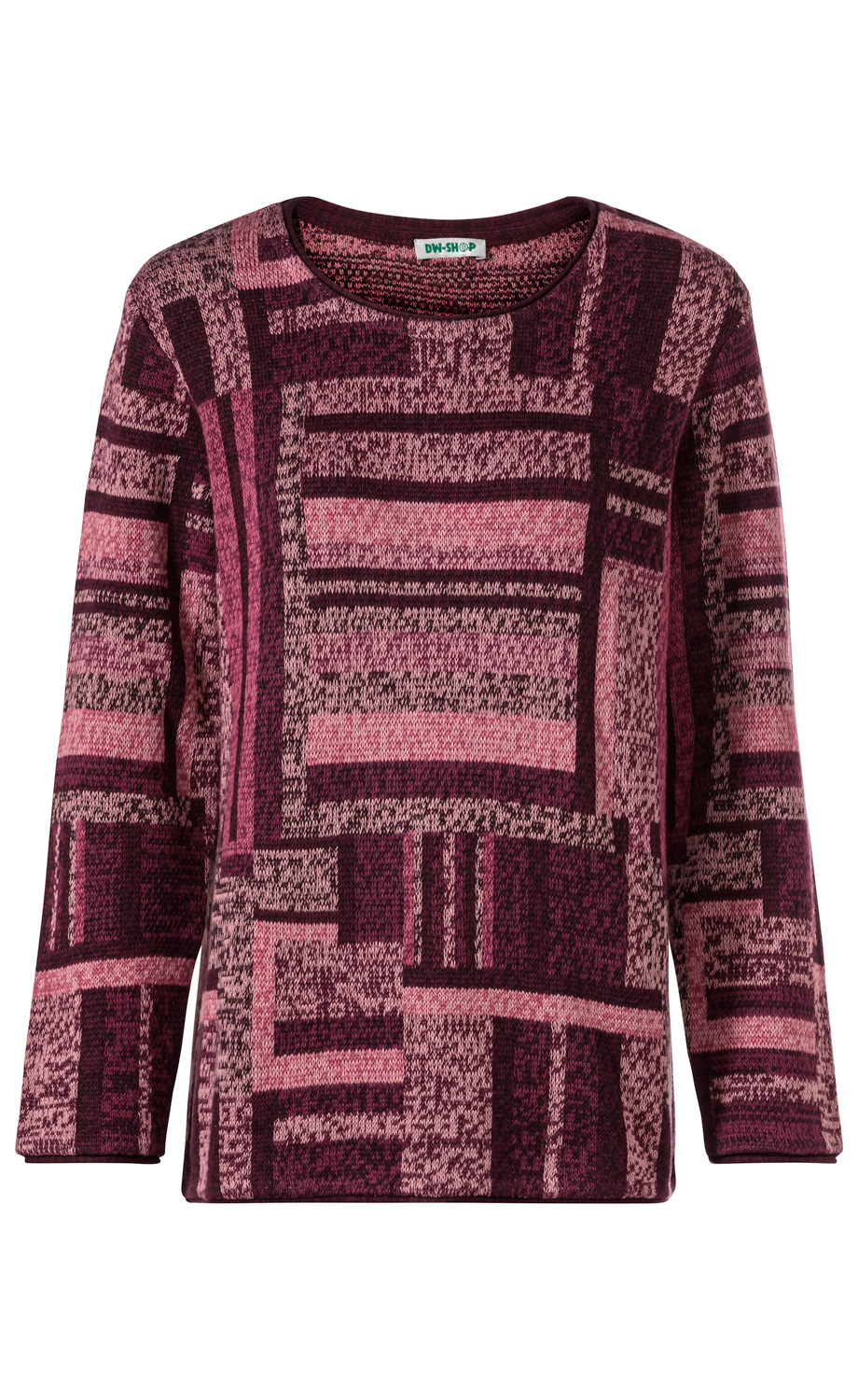 Baumwoll-Pullover mit langem Arm, Rundhalsausschnitt, geometrischem Muster in verschiedenen Rosatönen und dunklem Bordeaux, gerade geschnitten, weiche Struktur