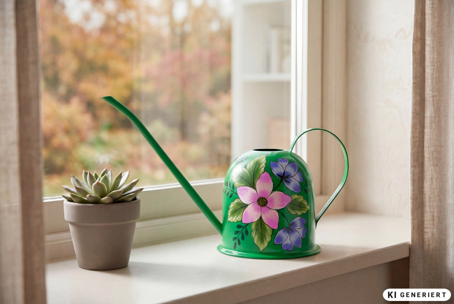 Grüne Metall-Gießkanne mit langem Ausguss und handbemaltem floralem Motiv in Pink und Blau, steht auf einem weißen Fensterbrett neben einem kleinen Topf mit einer Sukkulente, unscharfer Herbstgarten im Hintergrund.