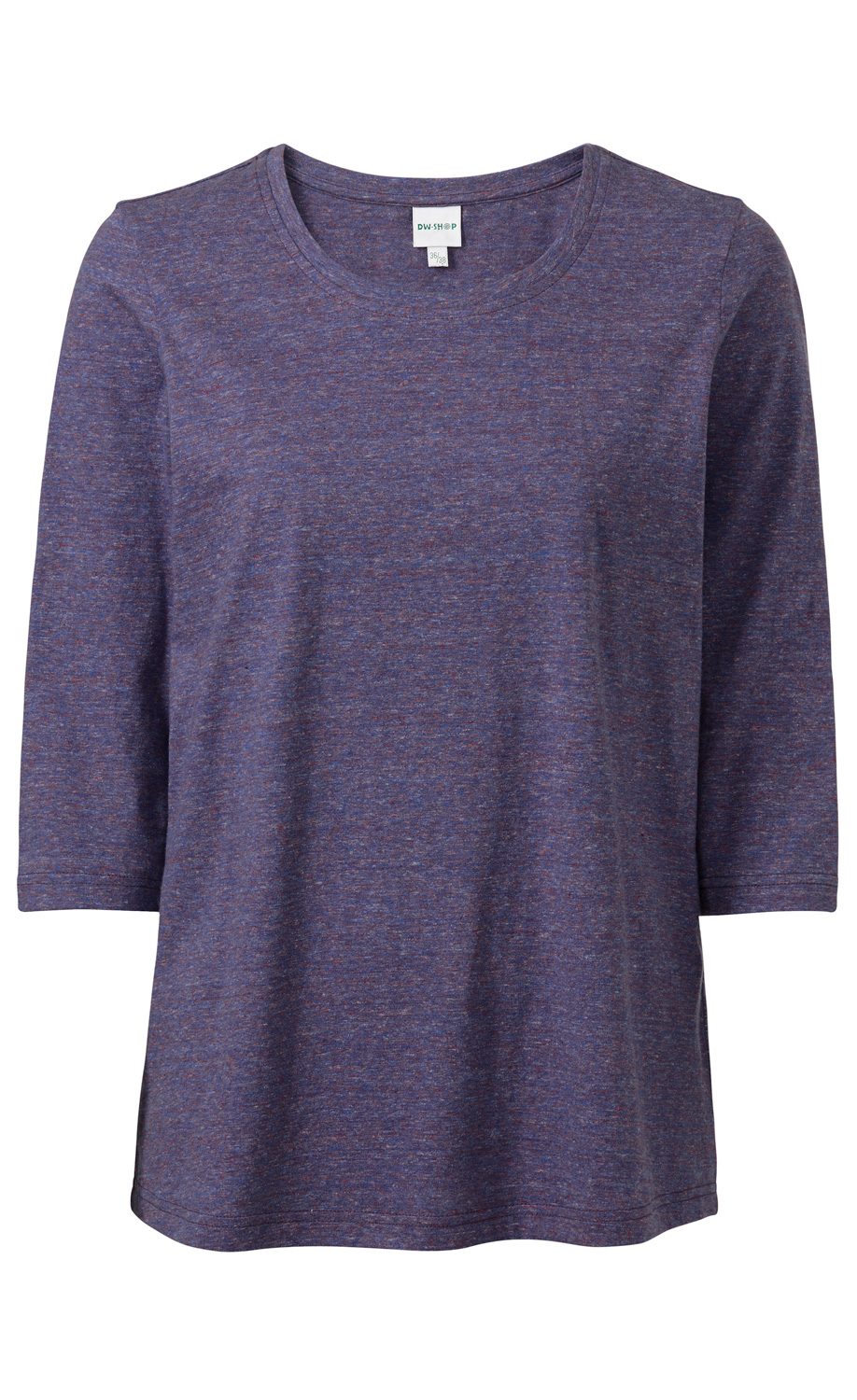 Baumwoll-Shirt in meliertem Dunkelblau mit Rundhalsausschnitt und dreiviertel Ärmeln, schlichtes Damenshirt, locker geschnitten, Etikett im Nacken, Vorderansicht vor weißem Hintergrund