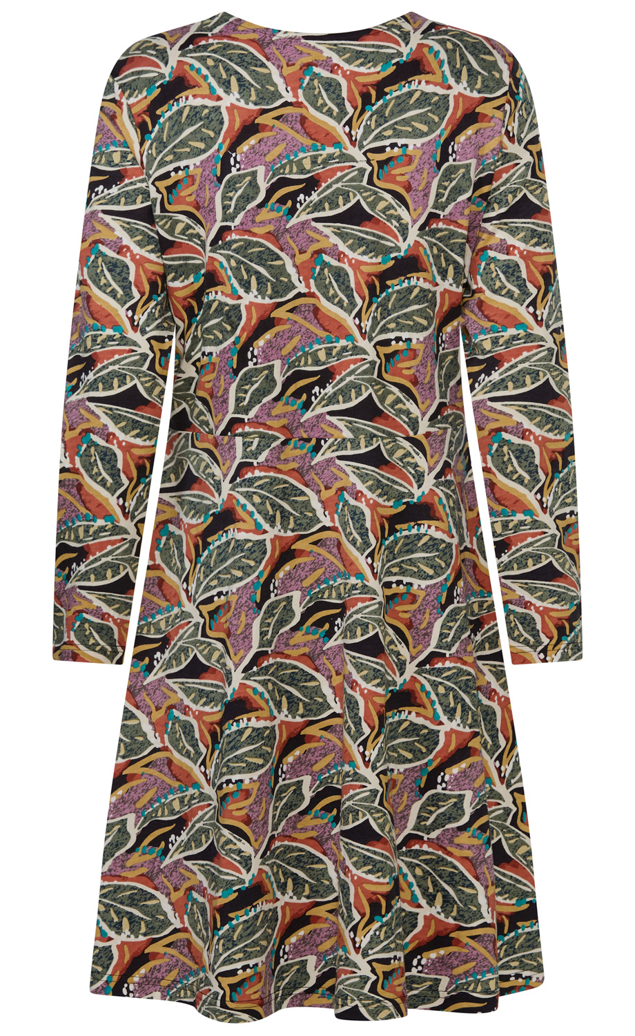 Langärmeliges Kleid mit weitem Rock, bedruckt mit buntem Muster aus großen grünen Blättern, lila, orange und schwarzen Flächen sowie türkisfarbenen und weißen Akzenten auf beigem Grund