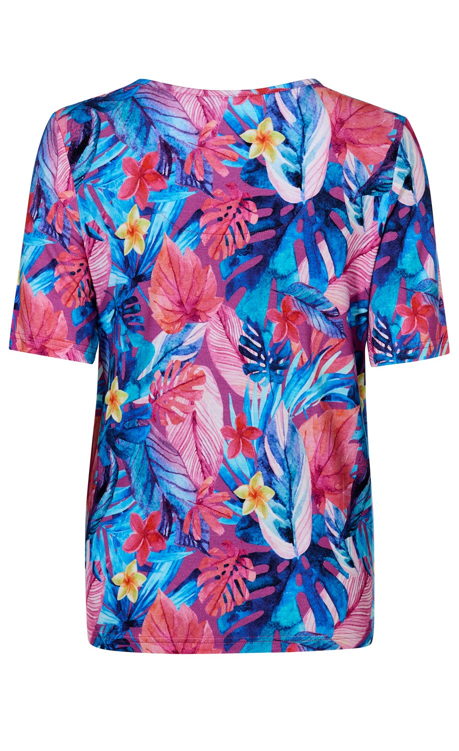 Viskose-Shirt hinten, kurzärmlig, mit buntem tropischem Blatt- und Blumenmuster in Blau, Pink, Rot und Gelb, Rundhalsausschnitt, lockere Passform, leichte Viskosequalität