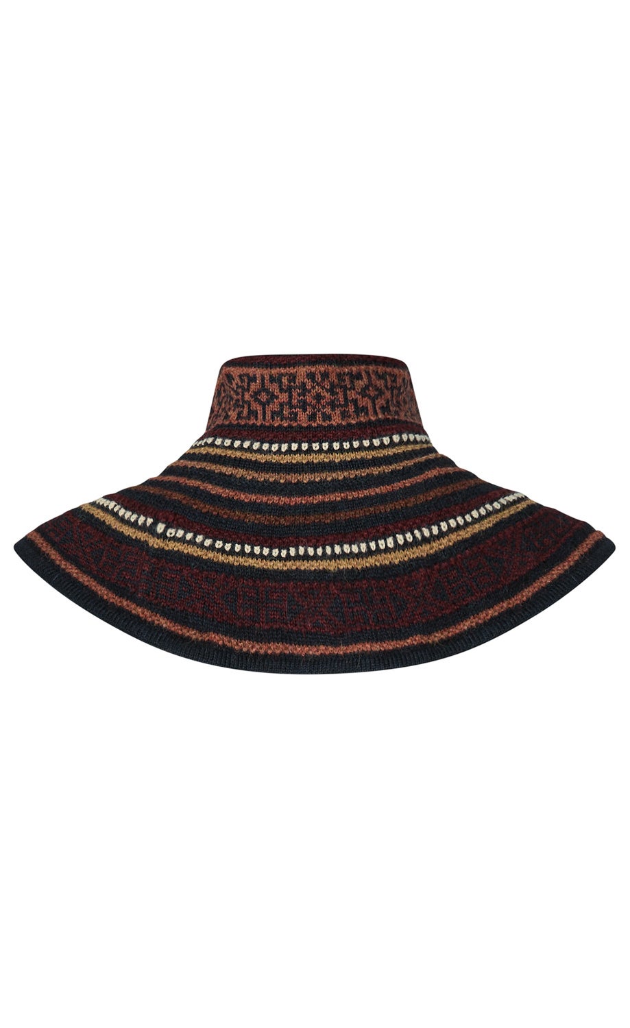 Strickkragen mit breitem, rundem Saum, braun-schwarz-rot gemustert mit geometrischen und Linien-Designs, hohem schmalem Stehkragen, nahtlos gearbeitet, warme Wintermode