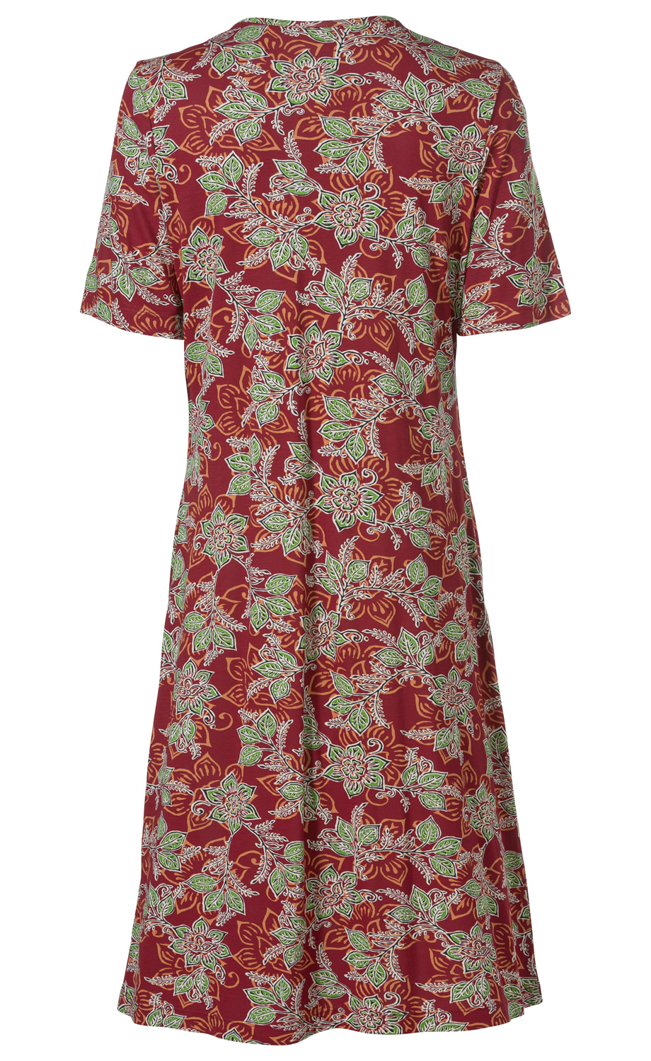 Rückenansicht eines knielangen Viskose-Kleids mit kurzen Ärmeln, rotgrundig, mit floralem Muster in Grün, Weiß und Orange, leicht ausgestellt