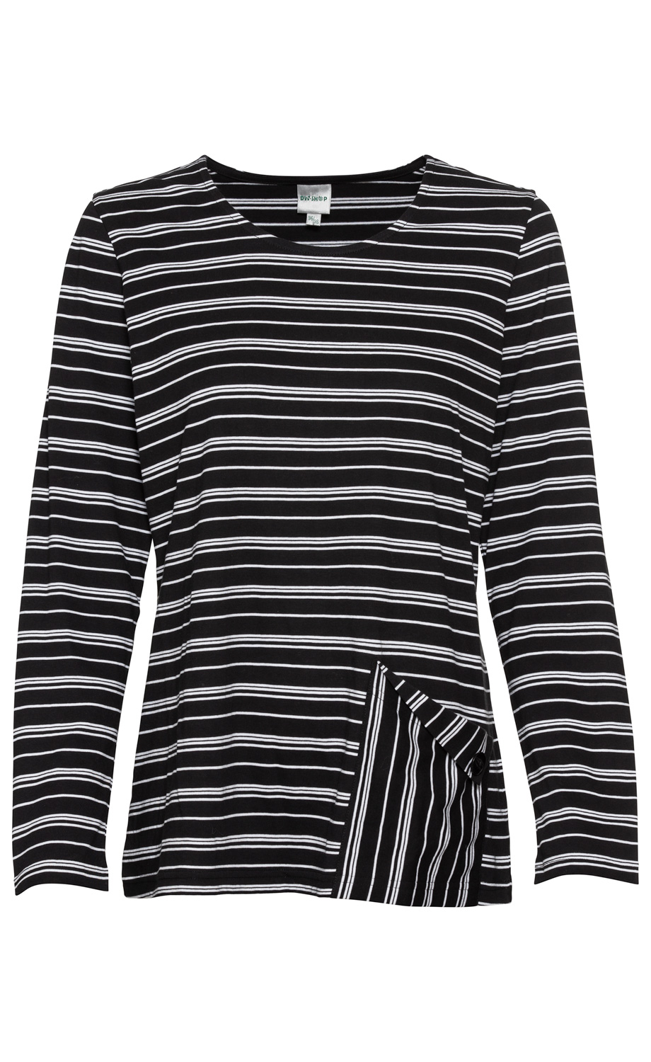 schwarzes Baumwoll-Shirt mit weißen horizontalen Streifen, langen Ärmeln, rundem Ausschnitt und asymmetrischem Saum mit geknöpftem Detail auf der Vorderseite
