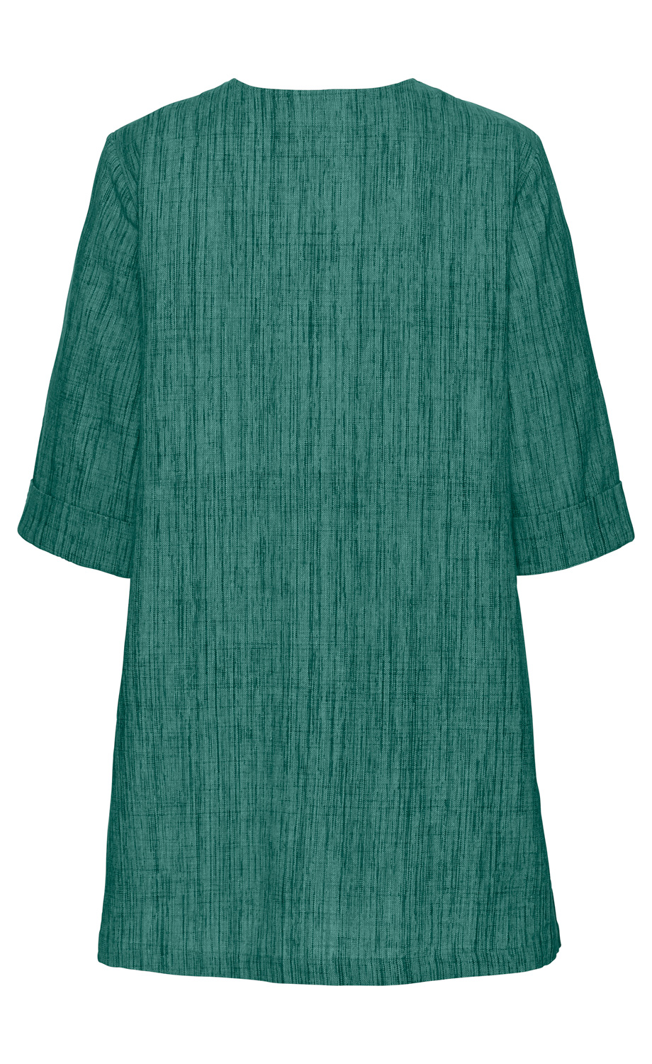 Grüne Baumwoll-Bluse mit 3/4-Ärmeln, gerader Rückenansicht, strukturierter Oberfläche, ärmelenden mit Umschlag, knielang, schlichtes Design ohne Muster oder Verzierungen