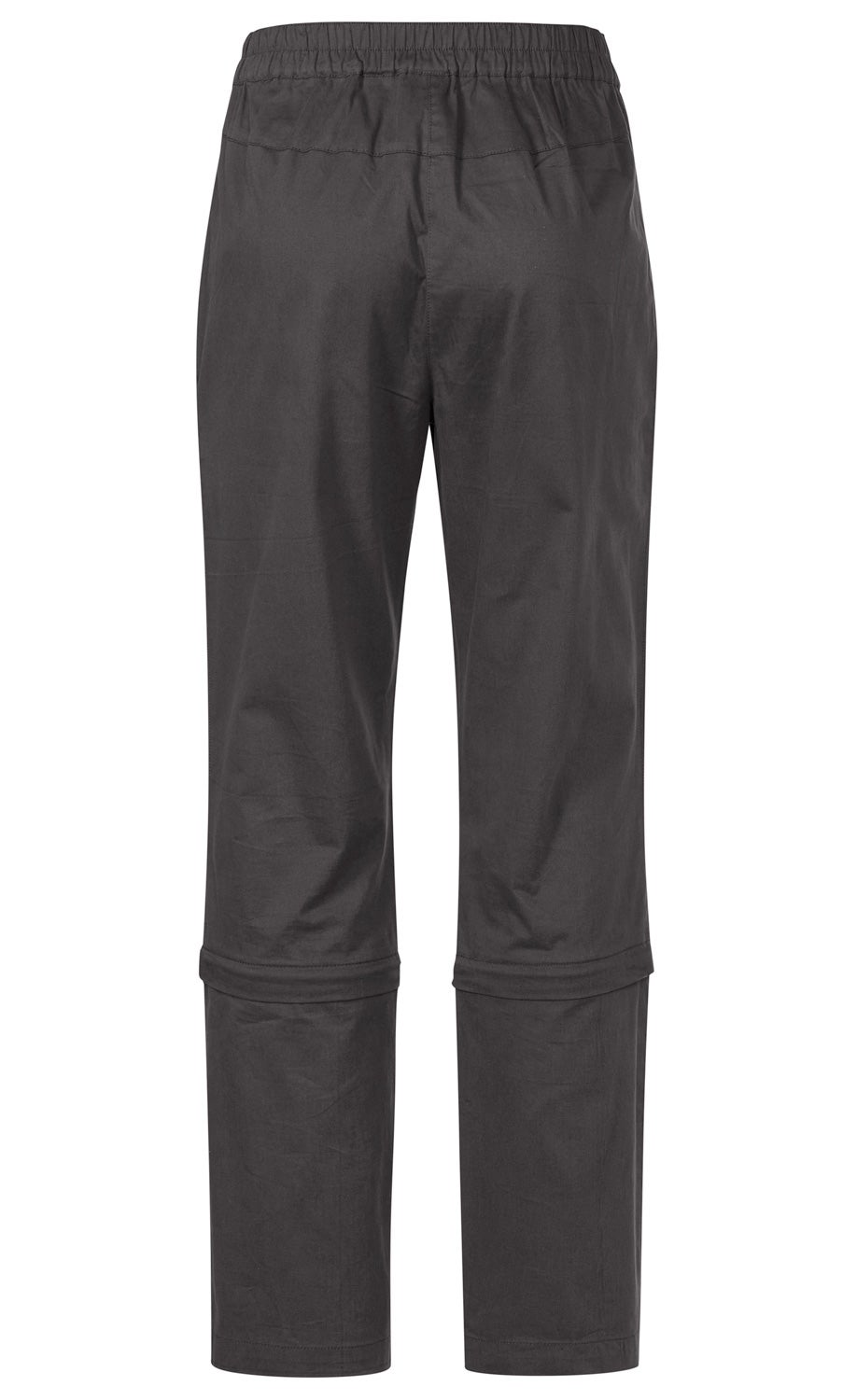dunkelgraue Baumwoll-Mix-Hose mit elastischem Bund, verkürzter Beinlänge mit abnehmbaren unteren Hosenbeinen, gerader Schnitt, einfache Ausführung ohne Muster oder Taschen sichtbar