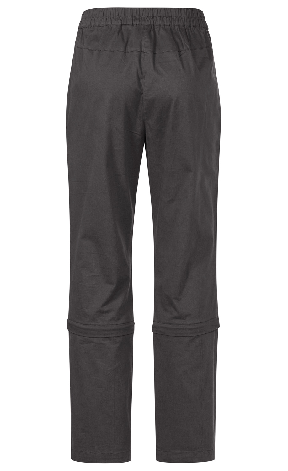 dunkelgraue Baumwoll-Mix-Hose mit elastischem Bund, verkürzter Beinlänge mit abnehmbaren unteren Hosenbeinen, gerader Schnitt, einfache Ausführung ohne Muster oder Taschen sichtbar