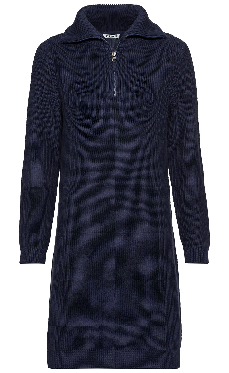 dunkelblaues, langärmliges Strickkleid aus Baumwolle mit kurzem Reißverschluss und umklappbarem Kragen