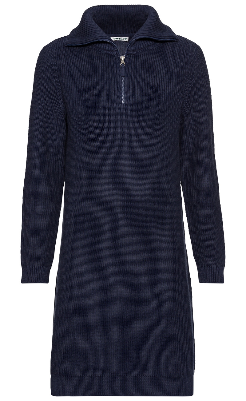 dunkelblaues, langärmliges Strickkleid aus Baumwolle mit kurzem Reißverschluss und umklappbarem Kragen