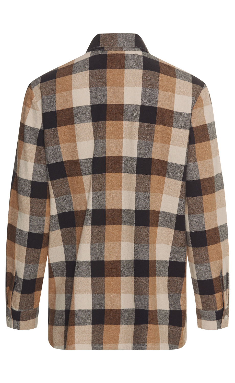 Baumwoll-Bluse in Beige, Braun, Schwarz und Grau kariert, Rückansicht, Langarm mit Manschetten und Knöpfen, klassischer Hemdkragen, mittellanger Schnitt