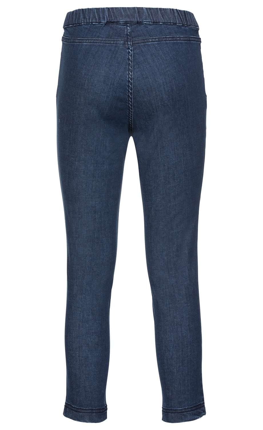 Dunkelblaue Baumwoll-Hose mit elastischem Bund, schmaler Schnitt, sichtbare Nähte an Gesäß und Saum, glatte Oberfläche ohne Taschen, von hinten aufgenommen auf weißem Hintergrund