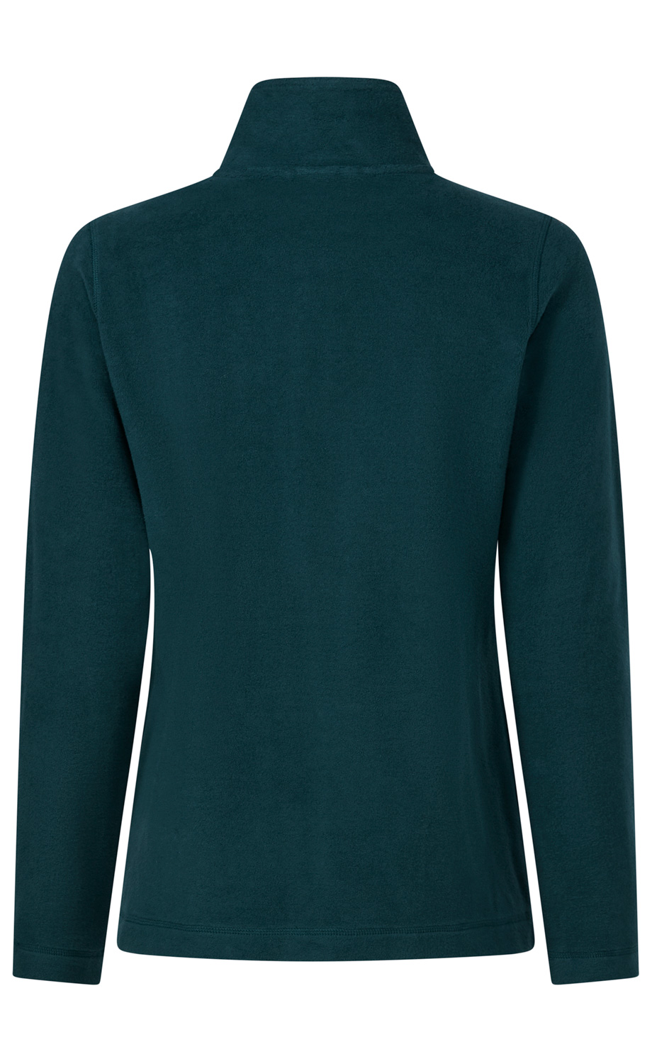 dunkelgrüner Fleecepullover mit langem Arm und Stehkragen, von hinten dargestellt, ohne sichtbare Logos oder Muster, schlichtes Design, gerade geschnitten, in gleichmäßigem Farbton