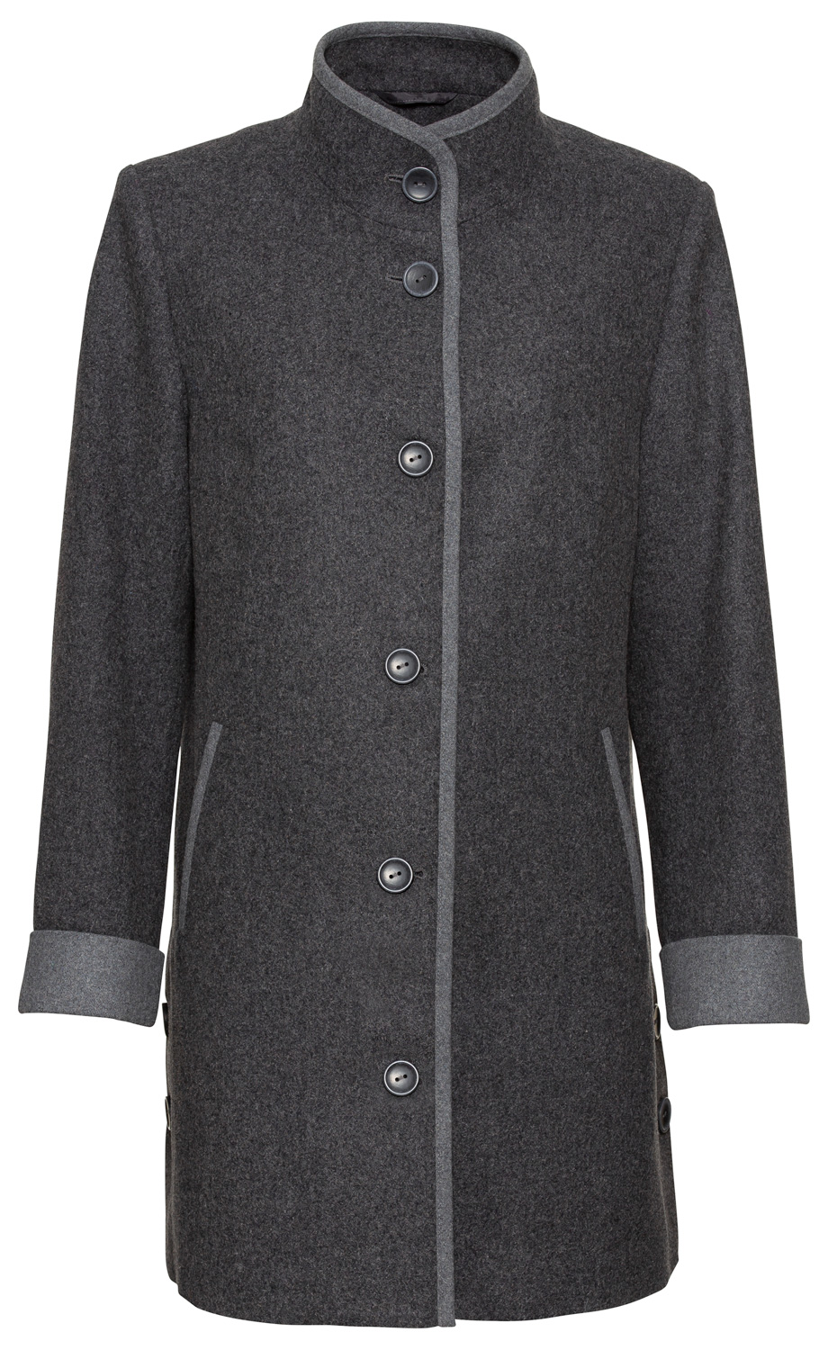 Dunkelgraue Woll-Mix-Jacke mit Stehkragen, fünf schwarzen Knöpfen, hellgrauen Besätzen an Knopfleiste, Ärmelenden und Taschen, seitlichen Knöpfen und leicht tailliertem Schnitt