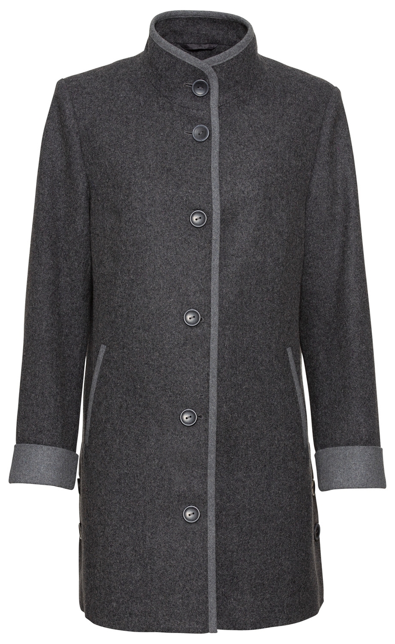 Dunkelgraue Woll-Mix-Jacke mit Stehkragen, fünf schwarzen Knöpfen, hellgrauen Besätzen an Knopfleiste, Ärmelenden und Taschen, seitlichen Knöpfen und leicht tailliertem Schnitt