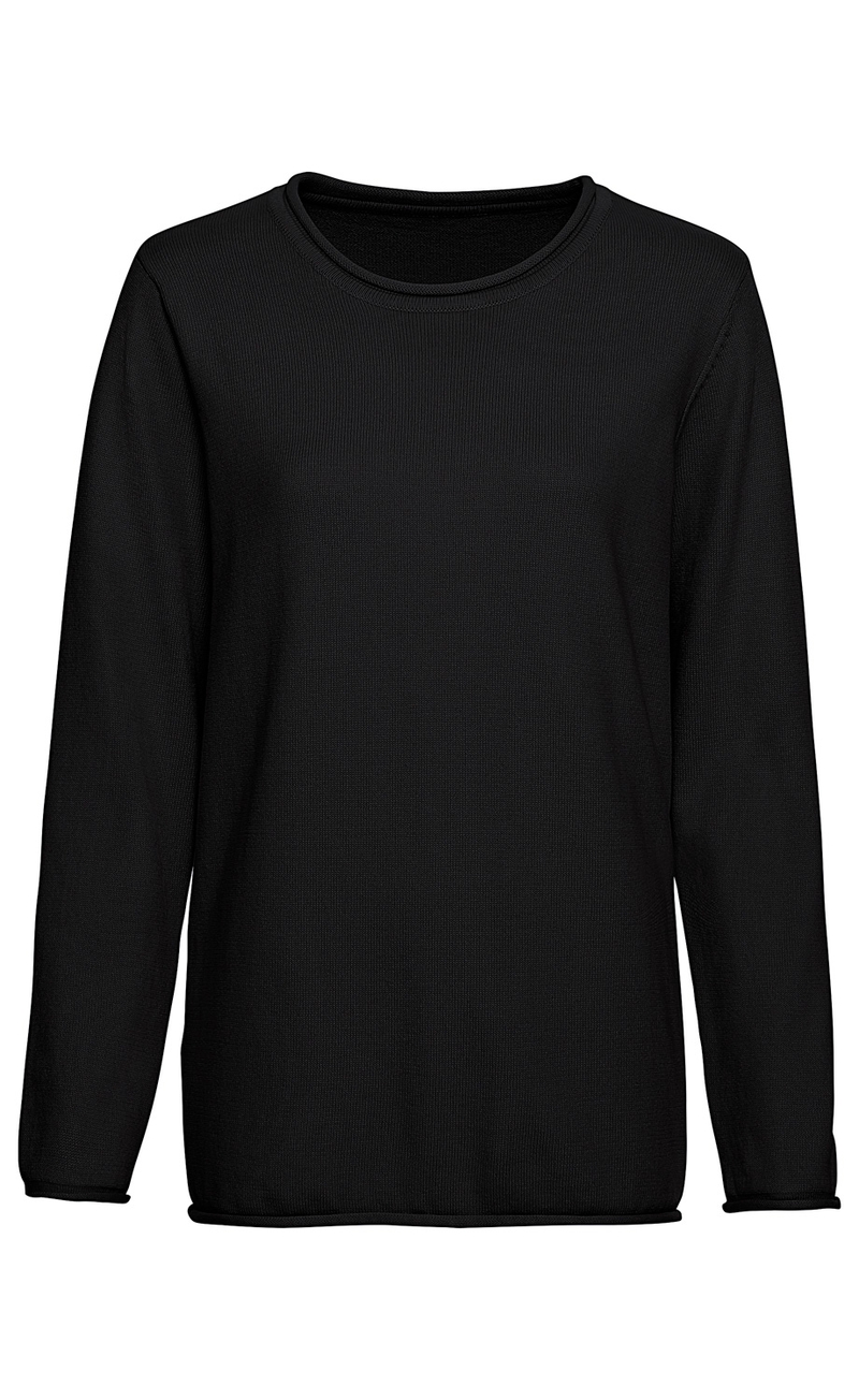 Schwarzer Baumwoll-Pullover mit Rundhalsausschnitt und langen Ärmeln, einfacher, gerader Schnitt, ohne Muster oder Verzierungen, für Damen oder Herren geeignet.