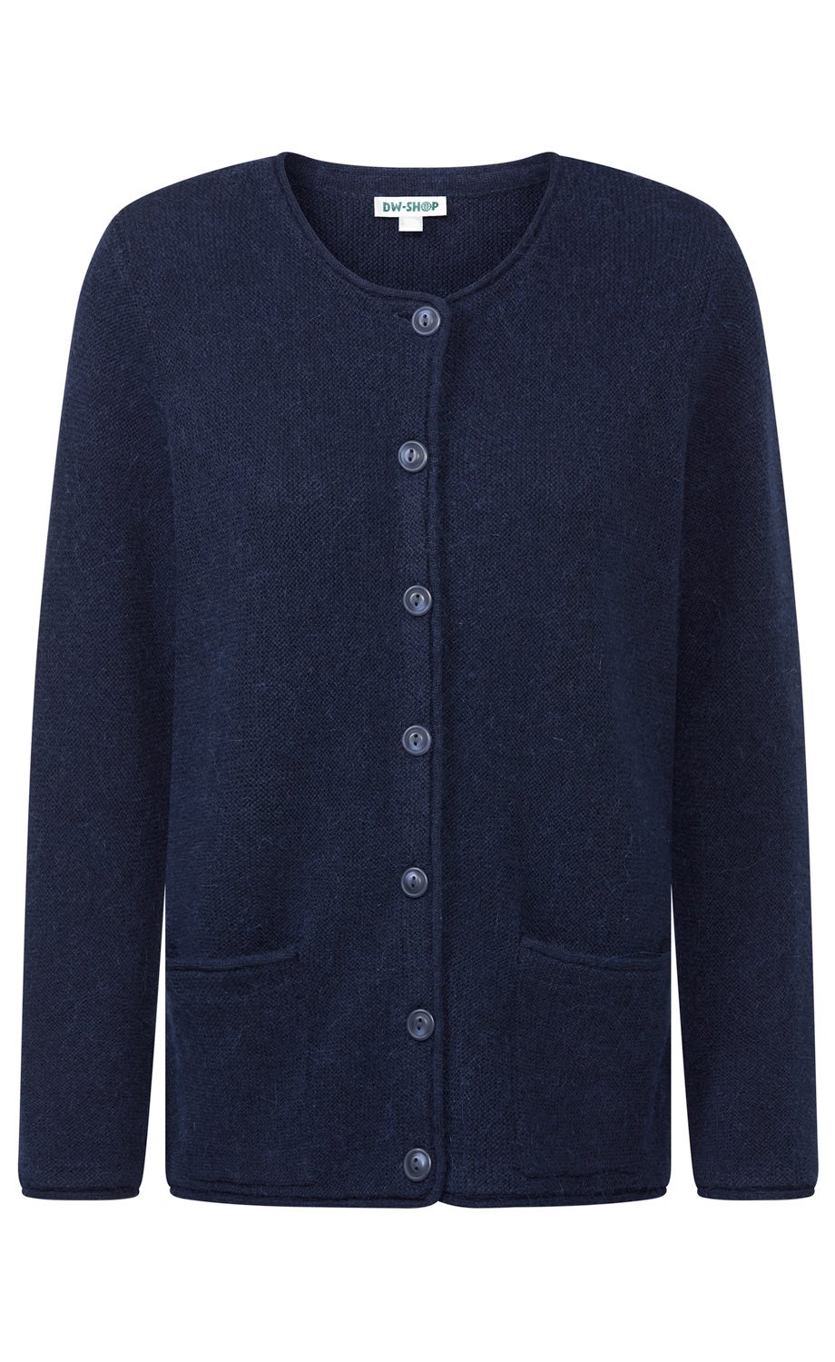 dunkelblaue Strickjacke mit Rundhalsausschnitt, durchgehender Knopfleiste vorne, langen Ärmeln und zwei kleinen Taschen, schlichter Stil, weiche Struktur