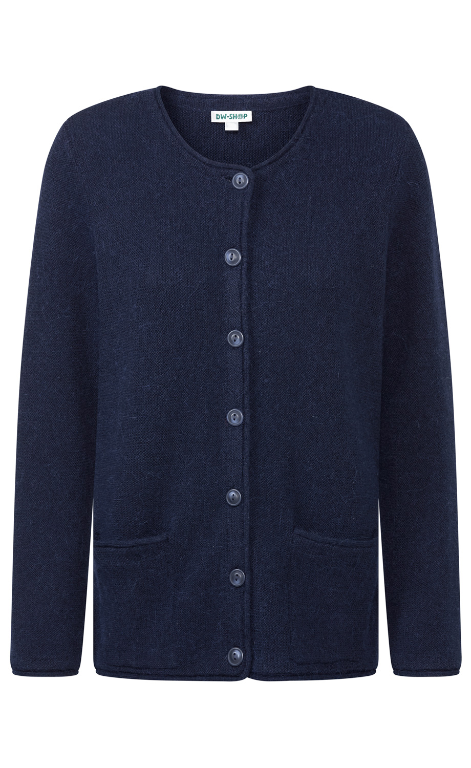 dunkelblaue Strickjacke mit Rundhalsausschnitt, durchgehender Knopfleiste vorne, langen Ärmeln und zwei kleinen Taschen, schlichter Stil, weiche Struktur