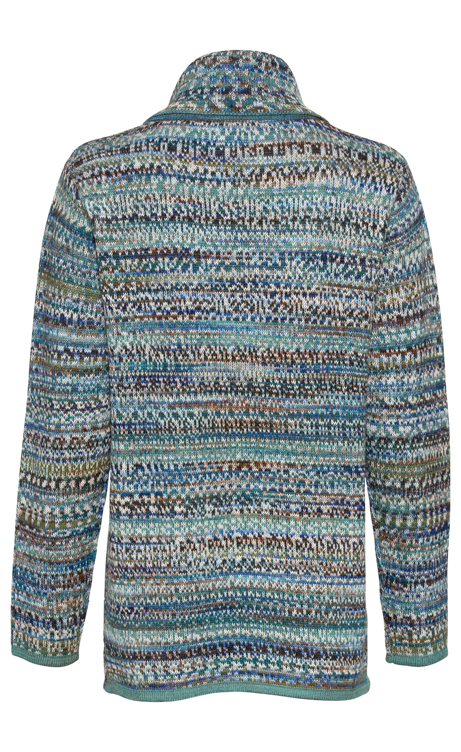 Alpaka-Pullover aus mehrfarbigem, gemustertem Strick, überwiegend in Blau-, Grün- und Brauntönen, mit langem Arm, geradem Schnitt und Stehkragen, Rückansicht auf weißem Hintergrund.