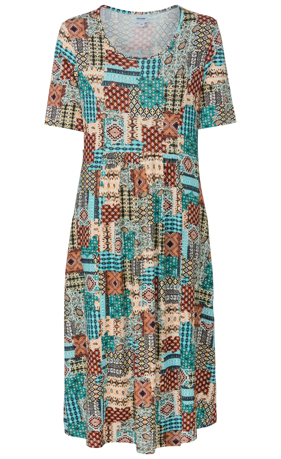 Viskose-Mix-Kleid mit halblangen Ärmeln, Rundhalsausschnitt und weitem Rock, bunte Patchwork-Muster in Türkis, Braun, Beige und Schwarz, locker fallend, knielang