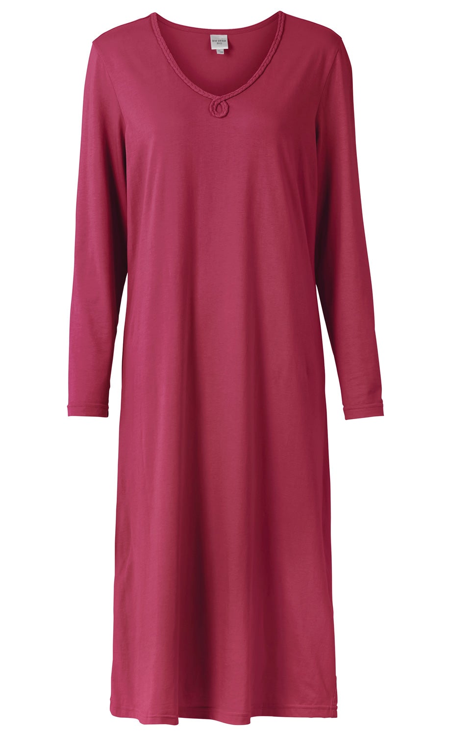 Baumwoll-Nachthemd in dunklem Pink, langärmelig, knieumspielend, V-Ausschnitt mit geflochtenem Zierband und Schlaufe, schlichtes Design ohne Muster, weicher, fließender Stoff