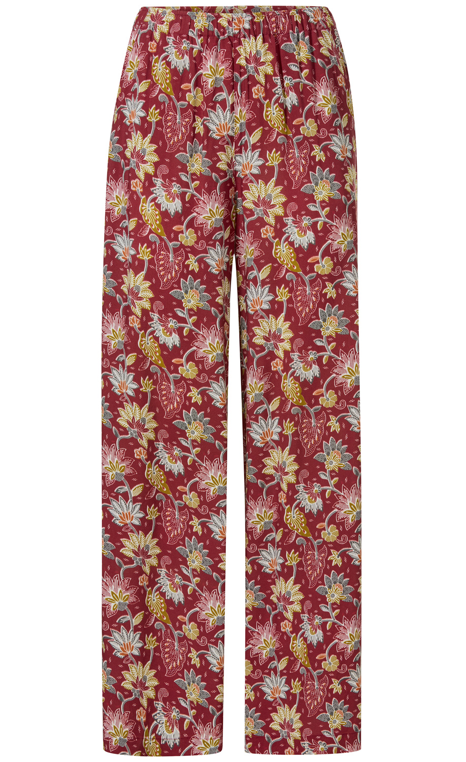 rote Viskose-Hose mit elastischem Bund und ganzflächigem floralen Muster in Gelb, Weiß und Grau, gerade geschnitten, körperfern sitzend