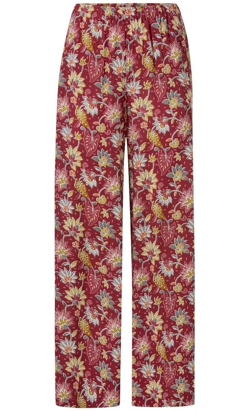 rote Viskose-Hose mit elastischem Bund und ganzflächigem floralen Muster in Gelb, Weiß und Grau, gerade geschnitten, körperfern sitzend