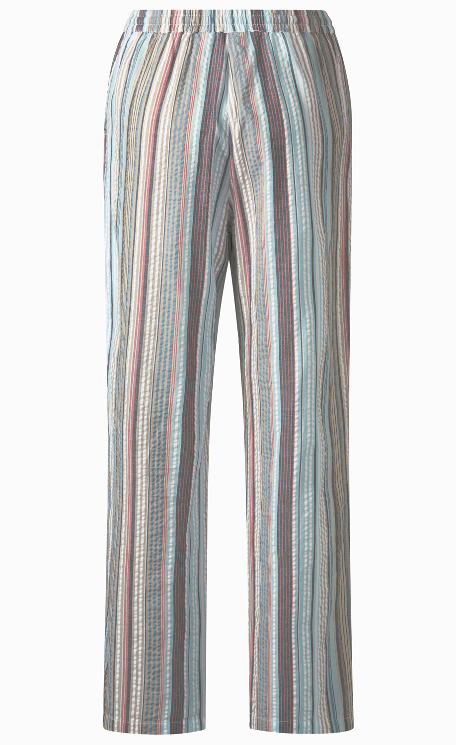 Baumwoll-Hose mit geradem Schnitt und elastischem Bund, in Pastellfarben gestreift mit Blau-, Beige- und Rot-Tönen, leicht strukturierter Stoff, legere Passform