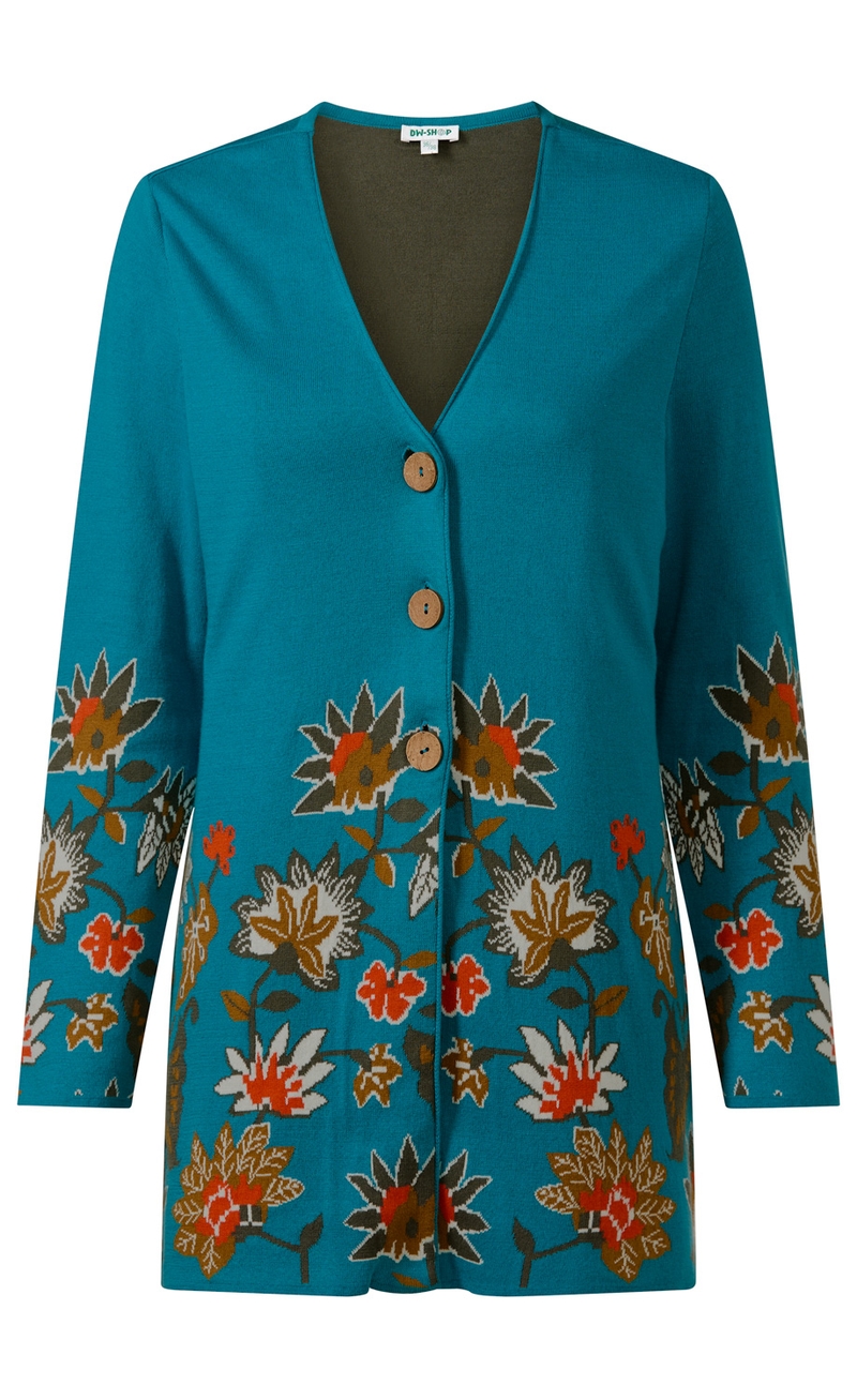 Baumwoll-Strickjacke in Türkis mit V-Ausschnitt, drei Holz-Knöpfen vorne und floralem Muster in Braun, Orange, Weiß und Olivgrün auf Vorderteil und Ärmeln