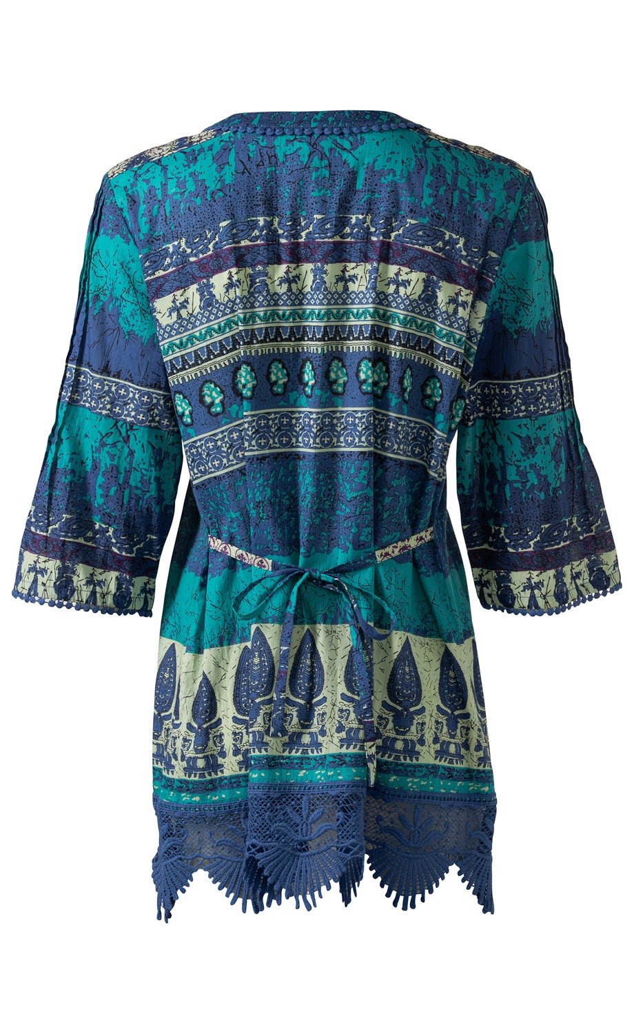 Baumwoll-Tunika Rückansicht in Blau und Türkis mit Ornament- und Paisley-Muster, 3/4-Ärmel, Bindegürtel in der Taille, Spitzenbesatz am Saum und Ärmelsaum, leichter und fließender Stoff
