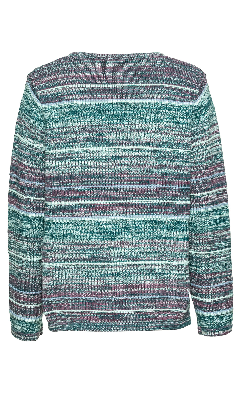 Baumwoll-Pullover in Melange-Optik, mehrfarbig mit Türkis, Lila und Weiß, gestrickt, lange Ärmel, Rückansicht, sommerlich leichter Feinstrick, Rundhalsausschnitt