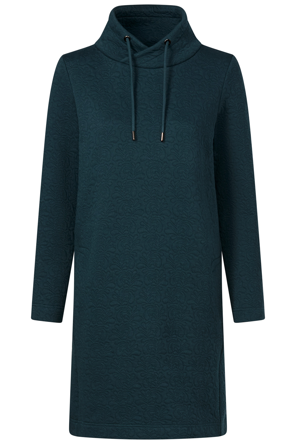Dunkelblaues, langärmliges Sweatshirtkleid mit Stehkragen und Kordelzug, leicht gemustert, gerade geschnitten, knielang
