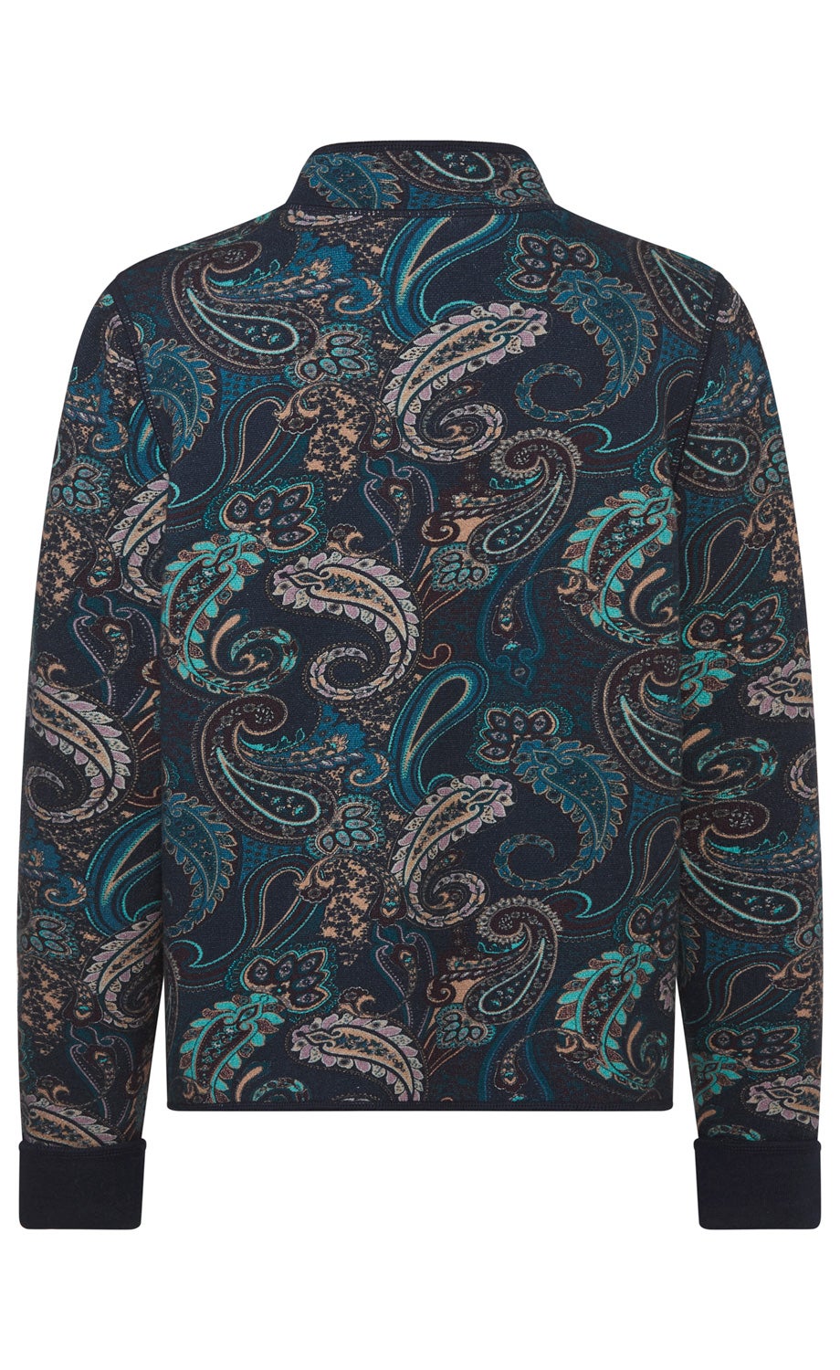 Herrenpullover Rückseite, dunkelblauer Paisley-Musterstoff mit türkisen, braunen und hellbeigen Akzenten, hoher Kragen, lange Ärmel, schwarze Bündchen