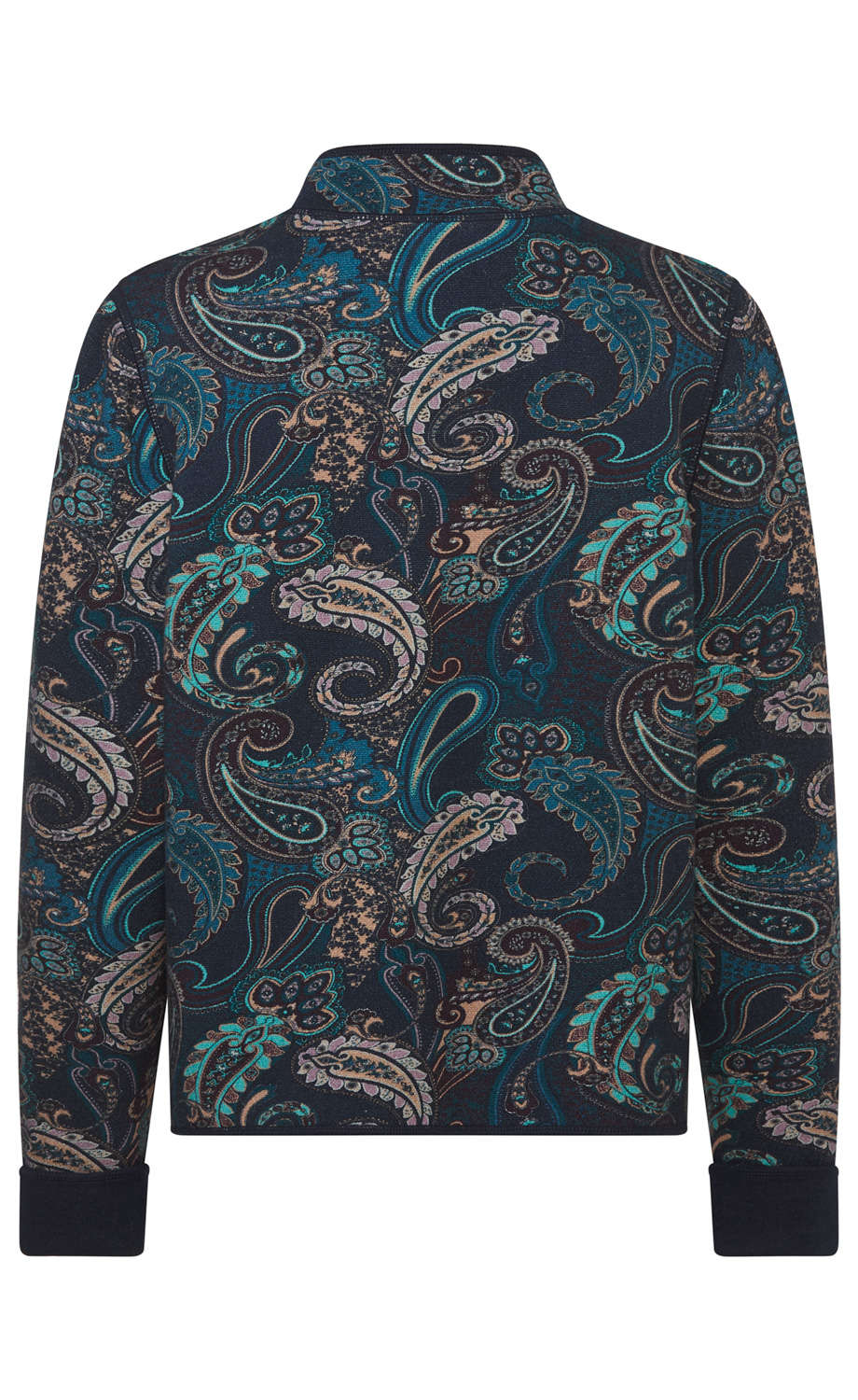Herrenpullover Rückseite, dunkelblauer Paisley-Musterstoff mit türkisen, braunen und hellbeigen Akzenten, hoher Kragen, lange Ärmel, schwarze Bündchen