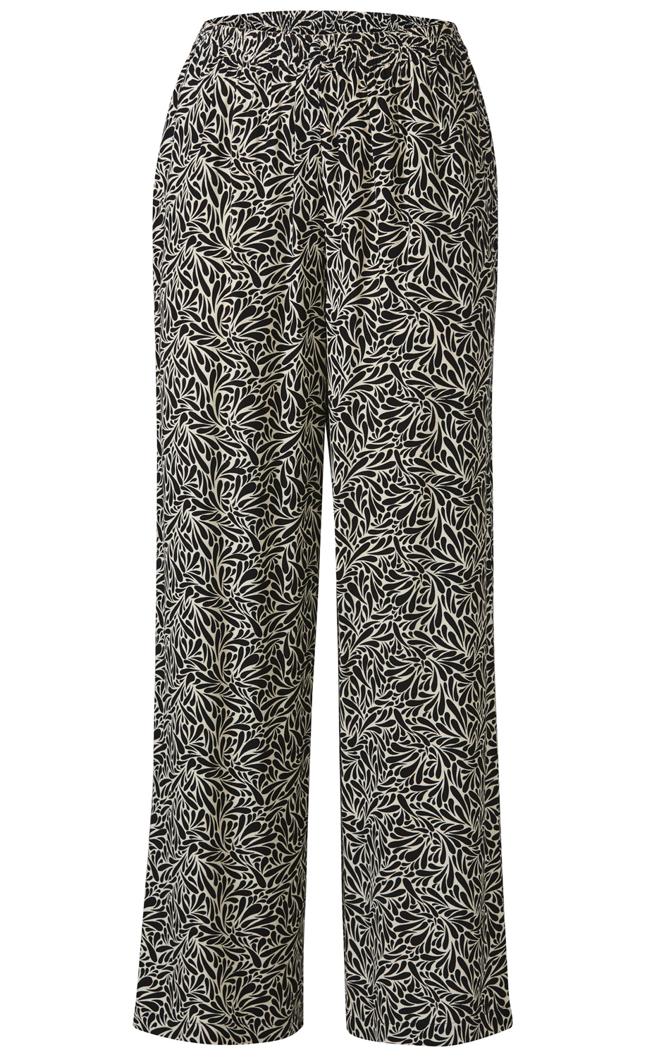 Viskose-Hose mit weitem Bein, elastischem Bund, schwarz-weißem floralen Muster aus organischen Tropfen- und Blattformen, leichte und fließende Stoffqualität