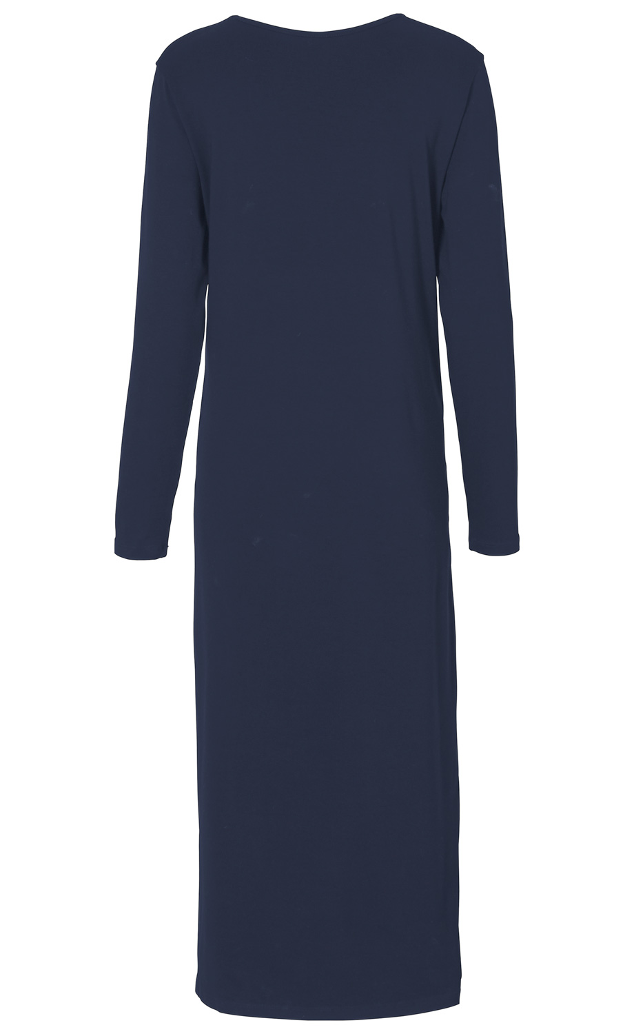 Viskose-Mix-Kleid in Dunkelblau, langärmelig, knöchellang, schlicht geschnitten, Rundhalsausschnitt, Rückansicht, locker fallende Passform.