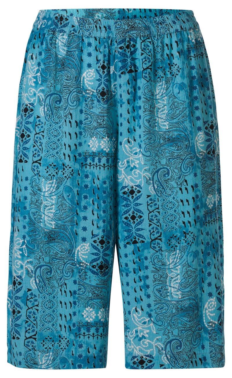 blaue Viskose-Hose mit buntem Ethno-Muster, elastischem Bund, lockerer Schnitt, knielang, verschiedene Ornamente in Schwarz, Weiß und Dunkelblau