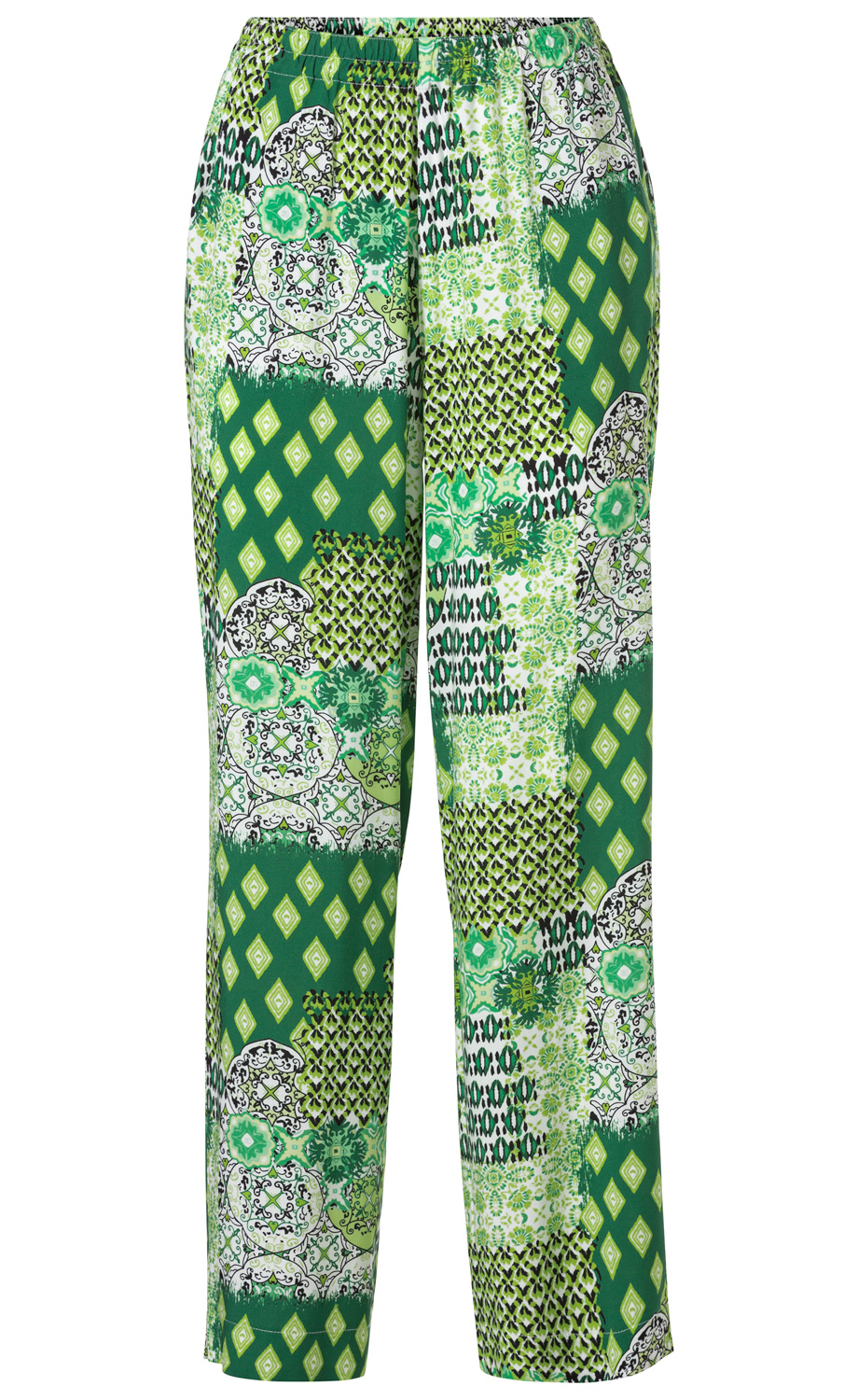 Viskose-Hose mit elastischem Bund, geradem Bein, grün gemustert mit verschiedenen floralen und geometrischen Mustern in Hellgrün, Dunkelgrün, Weiß und Schwarz